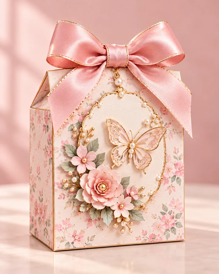 Caixa floral com borboleta dourada e laço de cetim rosa.