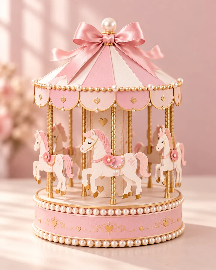 Carrossel artesanal rosa e pérola, com cavalinhos, laço e acabamento dourado.