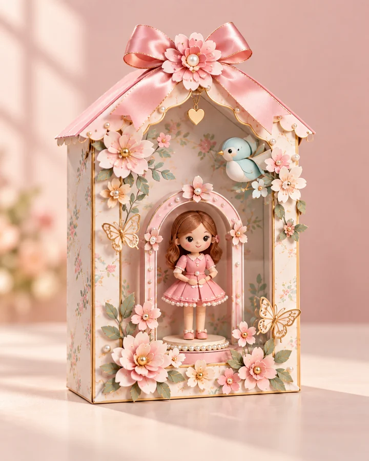 Casinha artesanal com bonequinha, flores em camadas e laço rosa.