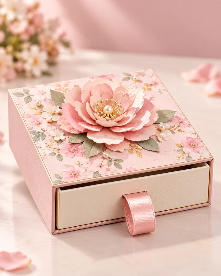 Caixa de cartonagem com gaveta, flor de papel e puxador de fita.