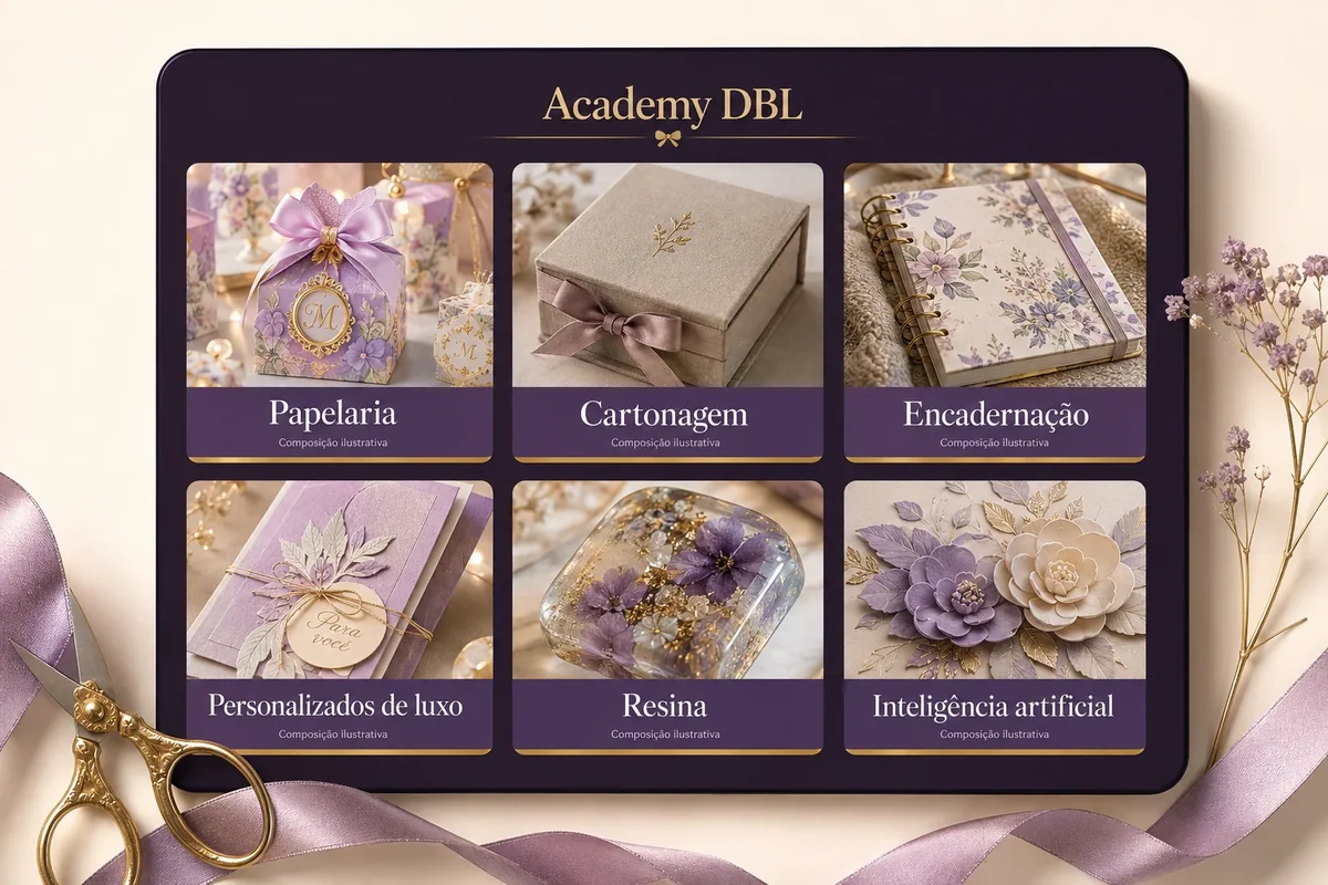 Composição ilustrativa da Academy DBL com papelaria, cartonagem, encadernação, luxo, resina e inteligência artificial.