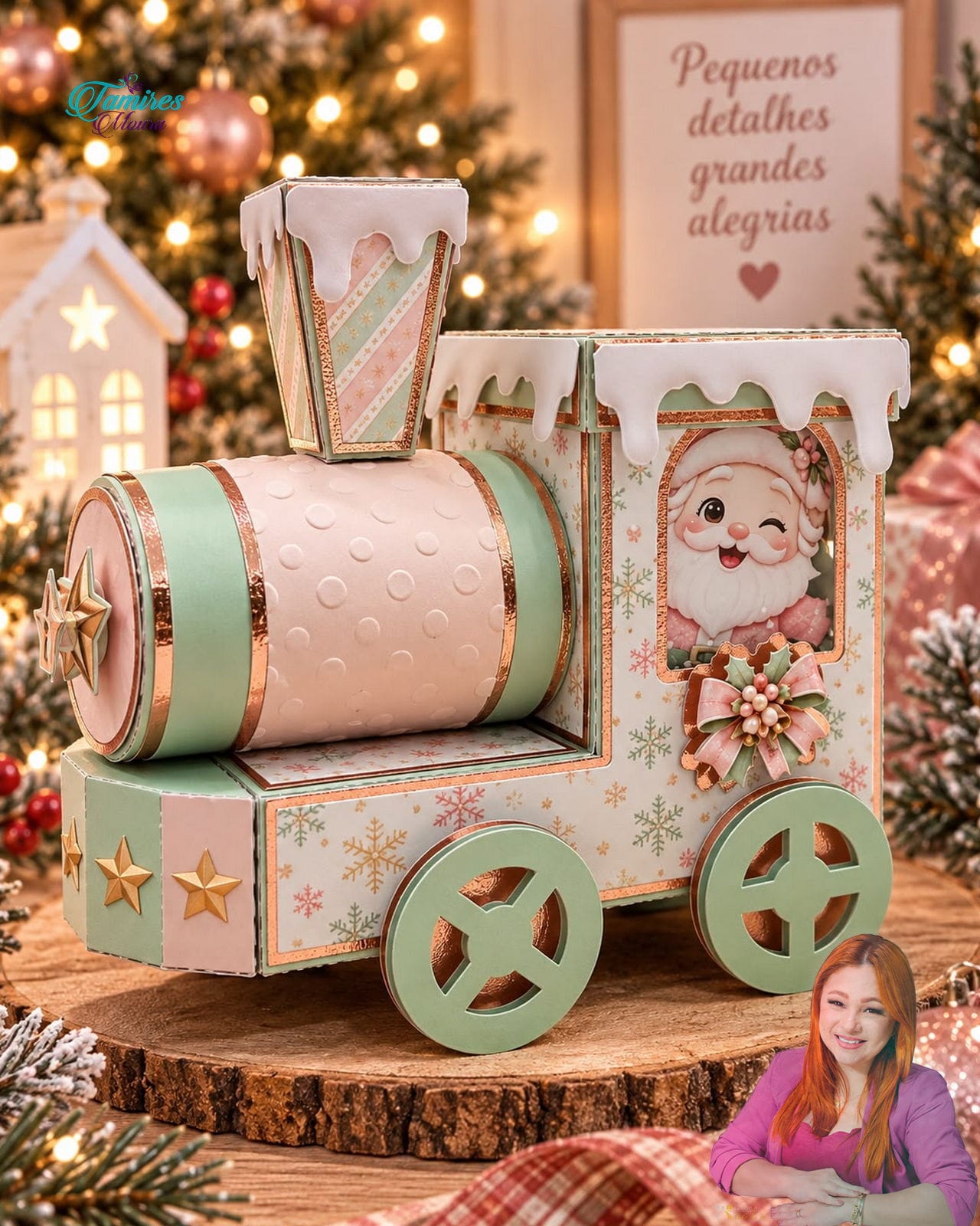 Locomotiva de papelaria em rosa e verde, com Papai Noel e detalhes dourados